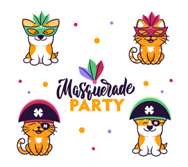 Collection of cute animals dressed in masquerade costumes for carnival parties. The dog and cat cartoons for ads, posters, cards, flyers, banners etc. Vector illustration with lettering 