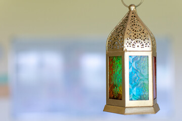 Ramadan Kareem Islamic Middle Eastern Lantern with Copy Space. Selective focus.