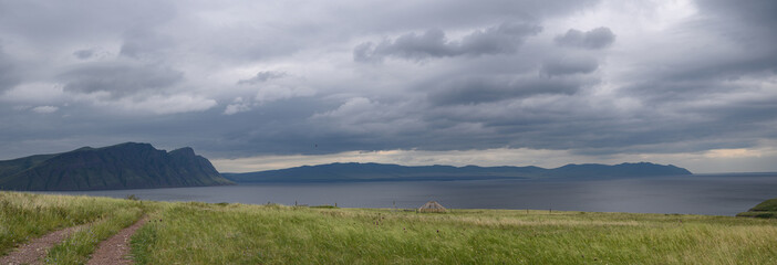 Cloudy sky in the Oglakhty reserve on the banks of the Yenisei River. Khakassia, Russia.