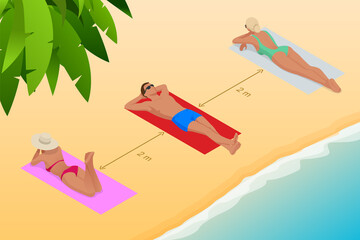 Relaxing on the beach during the coronavirus outbreak. Keeping the distance between people 2 m. Isometric illustration