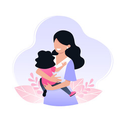 Happy young mother holds her little daughter in her arms. Motherhood concept. Vector illustration in flat style