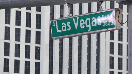 Fabulos Las Vegas, traffic sign on The Strip in sin city of USA. Iconic signboard on the road to Fremont street in Nevada desert. Symbol of casino money playing, betting and hazard in gaming area