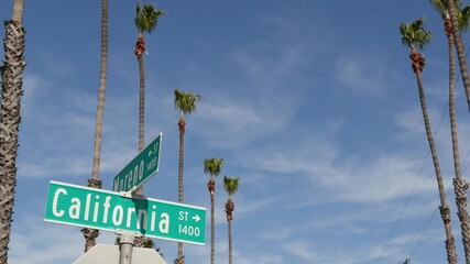 Fototapeta premium California street road sign on crossroad. Lettering on intersection signpost, symbol of summertime travel and vacations. USA tourist destination. Text on nameboard in city near Los Angeles, route 101