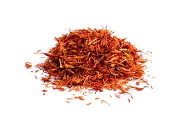 Isolated heap of dried spice saffron 