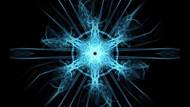 Live mandala, light blue smoke patterns symetric, rotating rays on black background fullHD animation