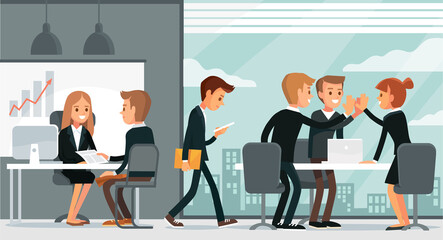 Office indoor space interior with working office people. Manager speak with new client. Vector interior with business team meeting.