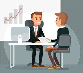 Office indoor space interior with manager speaking with new client. Business negotiations, talks with investor client broker. Employee reports to the boss on business meeting with partner