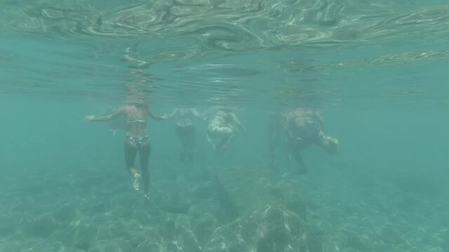 underwater back view of adult women swimming in ocean