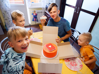 Gomel, Belarus - July 25, 2020: Birthday. Children open the cake