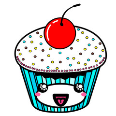 Kawai Cake with Cherry. Sign, symbol, web element. Social media icon. Business concept. Tattoo template. Line art. Website pictogram.