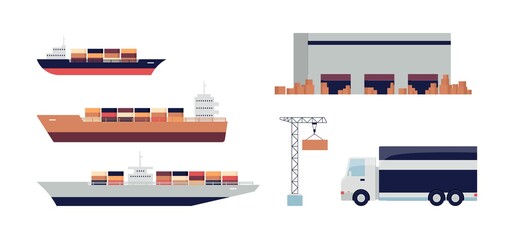 Cargo ship and other import transport set - industrial ships, warehouse, crane © sabelskaya