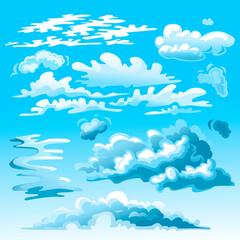 Cartoon Blue and White Clouds on Sky Set. Vector