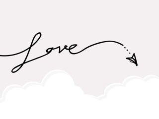 love letters calligraphy childish hand drawn line with paper plane in the air above the clouds for background, wallpaper, texture, cover, banner for some romantic occasional usage. vector design