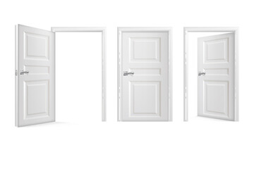 Realistic Detailed 3d Open or Closed White Doors Set. Vector