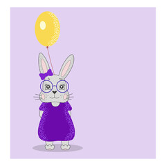 Hare in a purple dress with a yellow balloon