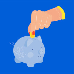 Hand puts money coin into the piggy bank. The most trending colors. Modern style illustration.