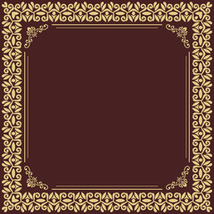 Classic vector square golden frame with arabesques and orient elements. Abstract ornament with place for text. Vintage pattern