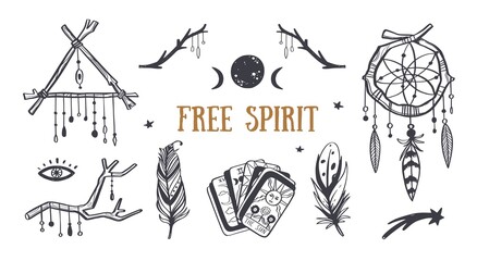 Free spirit boho vector collection. Dreamcatchers, feathers, tarot cards and other mystical symbols