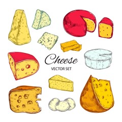 Cheese vector collection. Hand drawn illustration of cheese types Brie, Mozzarella, Stilton, Blue cheese, Camembert etc. Colorful, Isolated illustration on blackboard