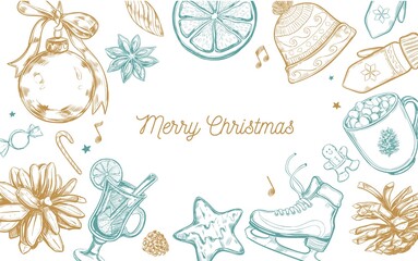 Merry Christmas and New Year holidays collection with hand drawn illustrations . Vector. Isolated objects. Winter festive mood background, frame, menu