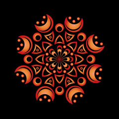 Orange gradient mandala on a black background. Round pattern, floral ornament. Beautiful symmetrical element. Antistress, relaxation