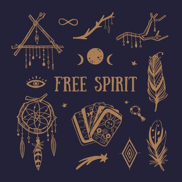 Free spirit boho vector collection. Dreamcatchers, feathers, tarot cards and other mystical symbols