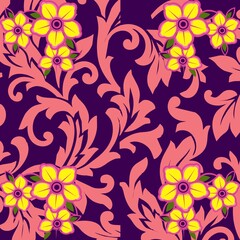 Fototapeta na wymiar Yellow Flower with pink leaf purple background