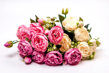 pink, purple and white peonies on white background