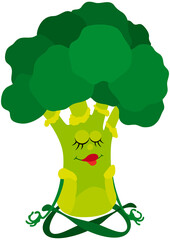 Vegetable yoga broccoli / Cartoon broccoli practicing yoga in lotus pose
