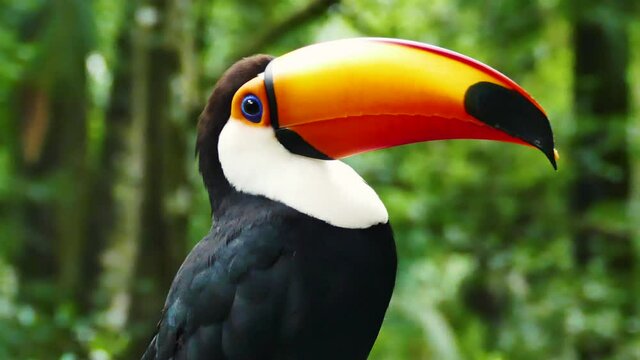close up of the face of a toco toucan /tucan (Ramphastos toco) tropical bird species from south america / Iguazu Argentina