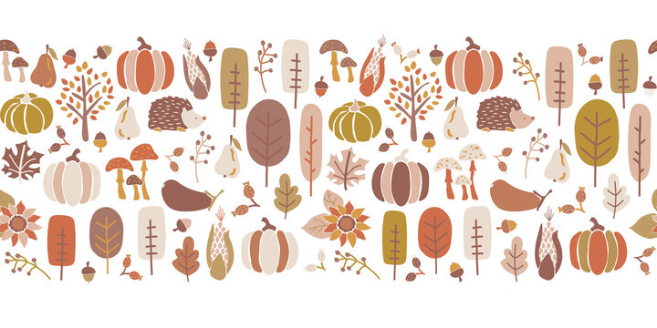 Autumn seamless vector border. Seamless Thanksgiving fall pattern corn tree pumpkin pear sunflower acorn greeting card repeating design. Harvest festival. For fabric, banner, decor, footer, header - Powered by Adobe