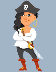 Beautiful female pirate. Serious character in cartoon style.