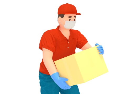 Cartoon delivery man in protection mask, with box