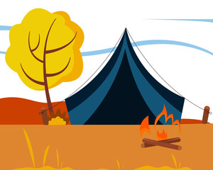 Vector landscape with a tent, forest and fire in autumn. Background image of outdoor recreation. 