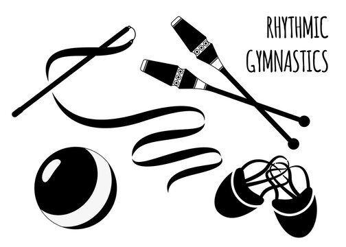 Items for rhythmic gymnastics. Vector set, isolated. Black on a white background.