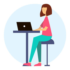 Woman working from home, student or freelancer. Cute vector illustration in flat style. 