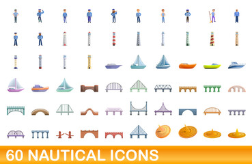 60 nautical icons set. Cartoon illustration of 60 nautical icons vector set isolated on white background