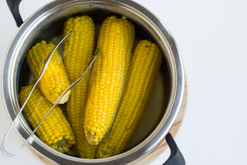 Fresh corn cobs on a wooden platter with copy space.
