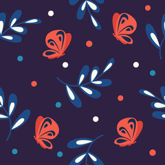 Fototapeta na wymiar Seamless pattern with butterflies on a blue background. Great print for decor.