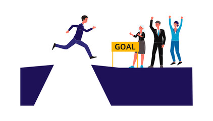 Businessman overcomes the challenge and jumps over the abyss.