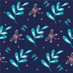 Vector pattern of flying dragonfly and leaves on a blue background.