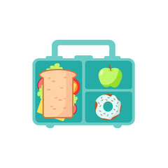 Lunch box with school snack food apple, sandwich, tasty strawberry glazed donut  isolated on white background. Colored healthy meals storege. Vector flat illustration