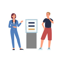 Promo and advertising stand and display at the exhibition, a woman shows a man a presentation.