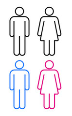 Man and woman avatar icon set. Male and female gender profile symbol. Men and women wc logo. Toilet and bathroom sign. Outline silhouette isolated on white background. Vector illustration image.