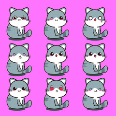set of funny cartoon cat emoji sticker animals