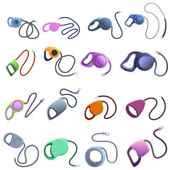 Retractable dog leash icons set. Cartoon set of retractable dog leash vector icons for web design