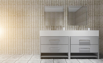 Clean and fresh bathroom with natural light. 3D rendering.. Sunset