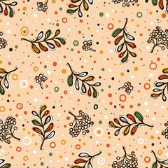 Autumn Vector Seamless Pattern with Mountain Ash and Rowanberry. Hand Drawn Doodle Rowan Tree Leaves and Berries. Colorful Background