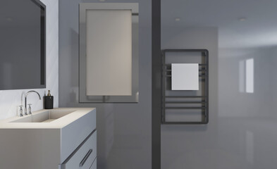 Spacious bathroom in gray tones with heated floors, freestanding tub. 3D rendering.. Empty paintings
