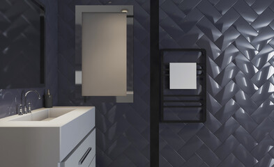 Spacious bathroom in gray tones with heated floors, freestanding tub. 3D rendering.. Empty paintings